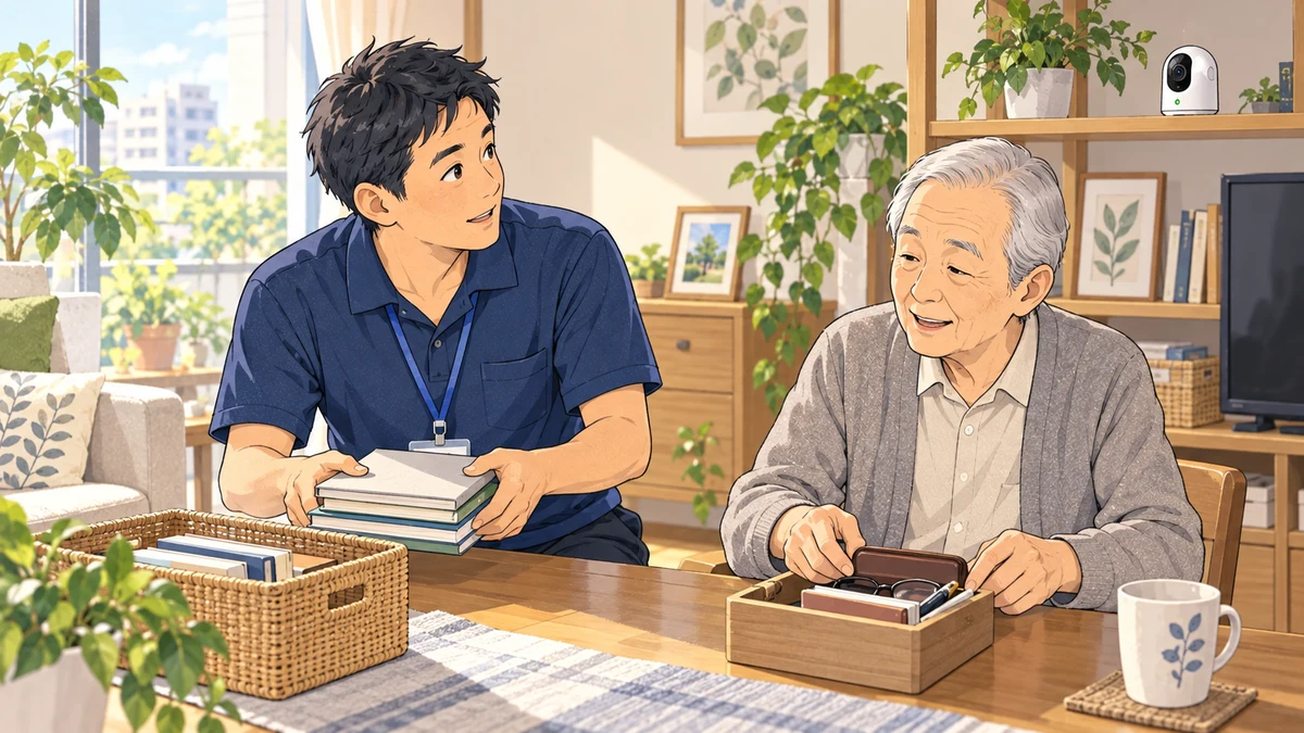 利用者宅の見守りカメラが気になる｜ヘルパーの緊張と家族の安心をどう調整する？を題材にしたイラスト