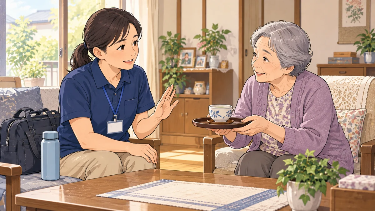 利用者宅で出されたお茶、断ってもいい？｜厚意とヘルパーの負担を分けて考えるを題材にしたイラスト