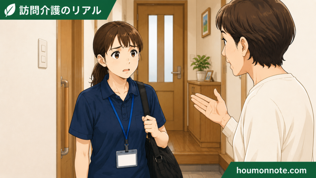 新人ヘルパーが訪問介護の家ごとの違いや一人訪問に驚いているイラスト