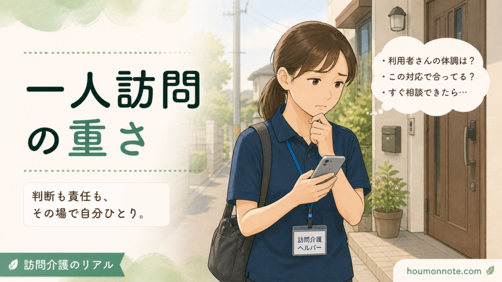 一人訪問で判断に迷うヘルパーが利用者宅の玄関前でスマホを確認しているイラスト