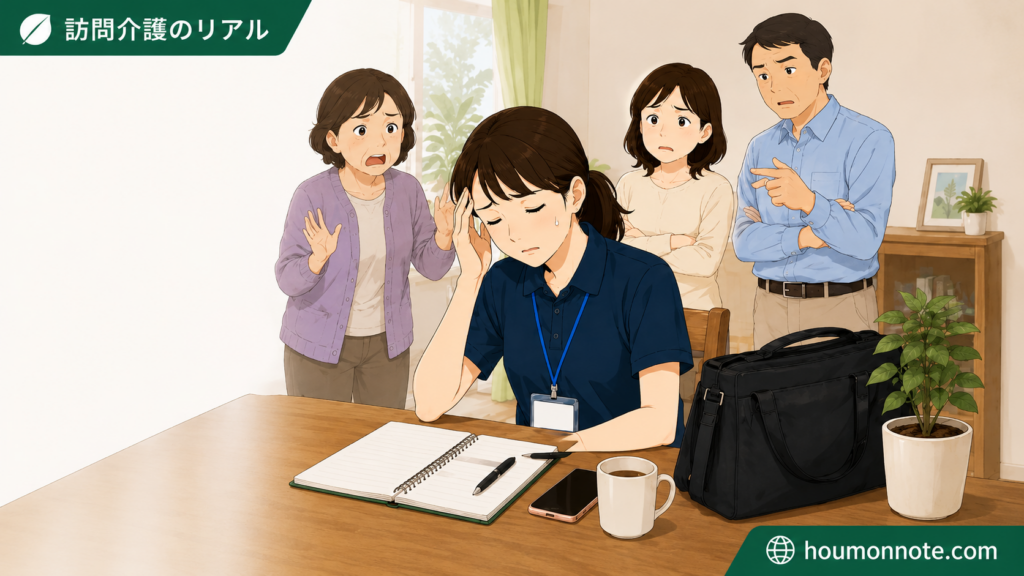 利用者家族の不安や要望を受け止め、精神的に疲れている訪問介護ヘルパーのイラスト