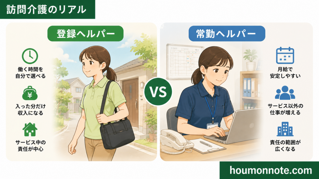 訪問介護の登録ヘルパーと常勤ヘルパーの働き方や責任の違いを整理したイラスト