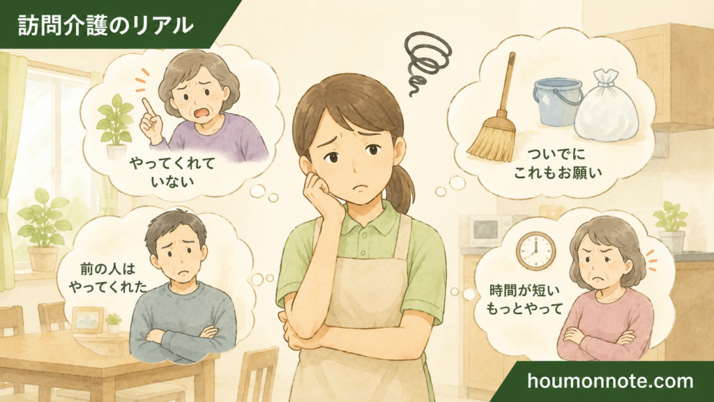 家族からの指摘や追加要望に戸惑う訪問介護ヘルパーのイラスト