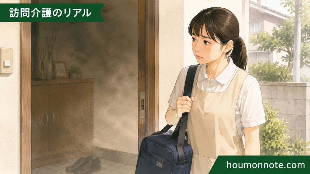 利用者宅の玄関先で室内環境のにおいに不安を感じる訪問介護ヘルパーのイラスト