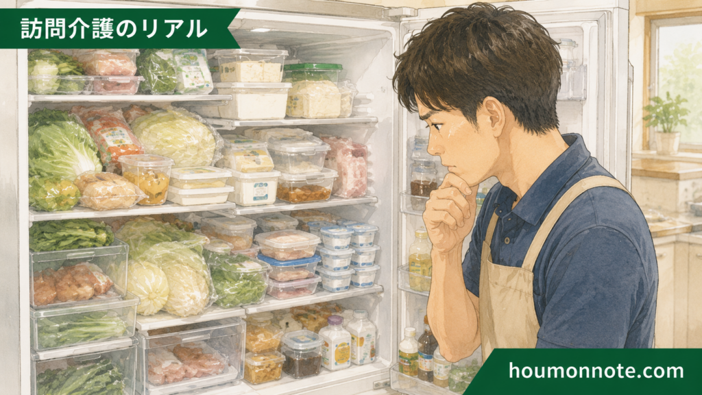 食材がぎっしり詰まった冷蔵庫を見ながら何を使うか考える男性ヘルパーのイラスト