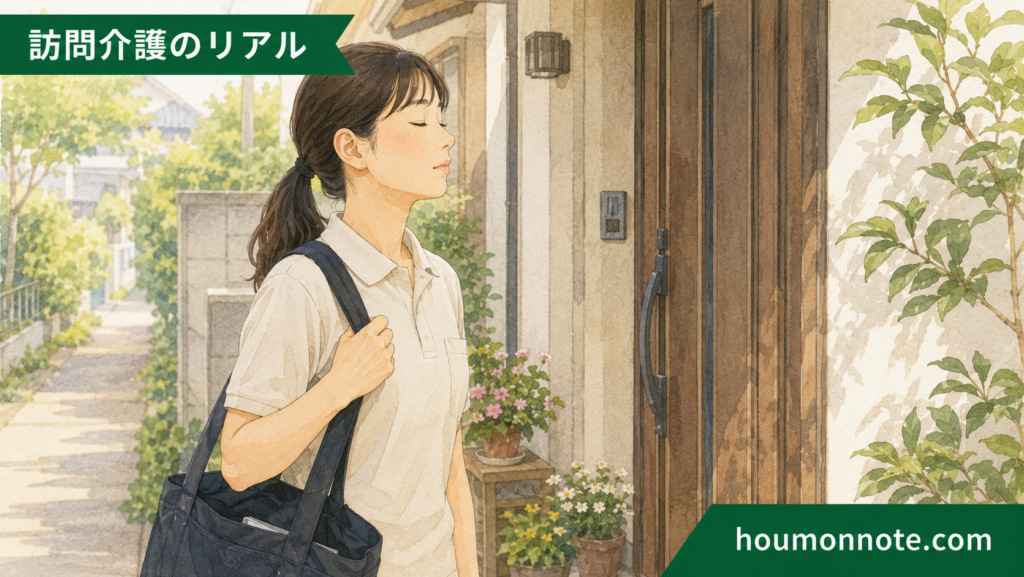 訪問先の玄関前で深呼吸し心を整える訪問介護ヘルパーのイラスト
