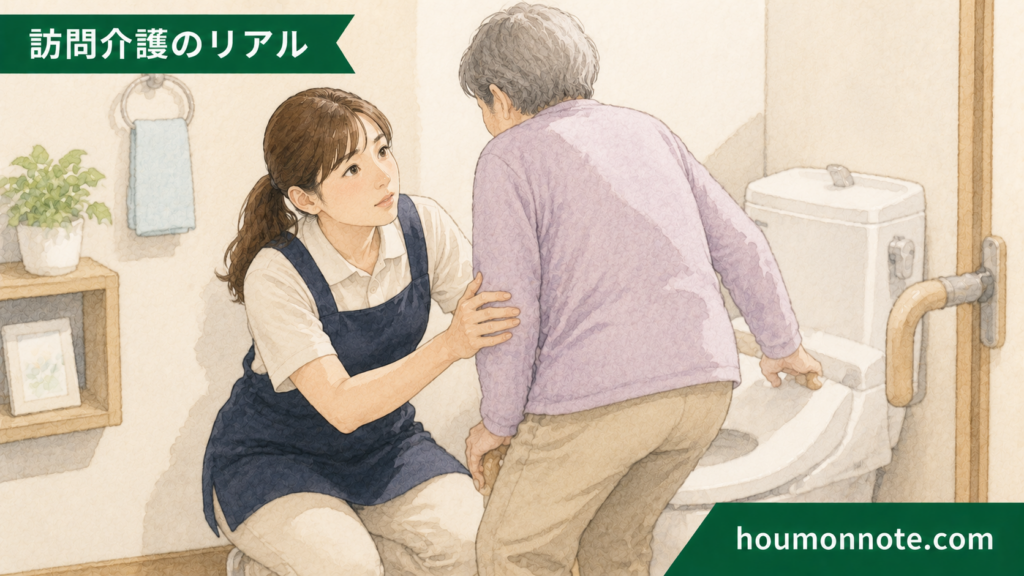 トイレ介助で立ち上がりや便座への移動を安全に支える訪問介護ヘルパーのイラスト