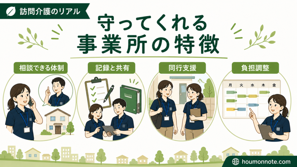 訪問介護で職員を守る事業所の特徴として相談体制、記録と共有、同行支援、負担調整を示したイラスト