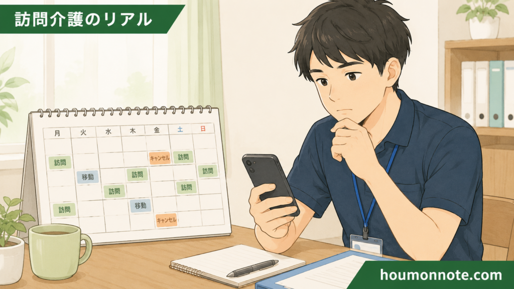訪問件数やキャンセル状況を見ながら収入の安定性を考える男性ヘルパーのイラスト
