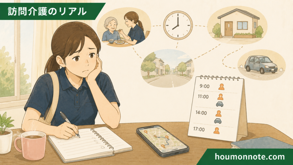 訪問予定の空き時間や移動負担を見ながら収入の伸びにくさを考える登録ヘルパーのイラスト
