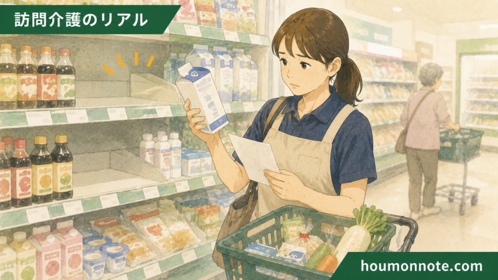 スーパーで指定商品が見つからず代替品を買ってよいか考える訪問介護ヘルパーのイラスト
