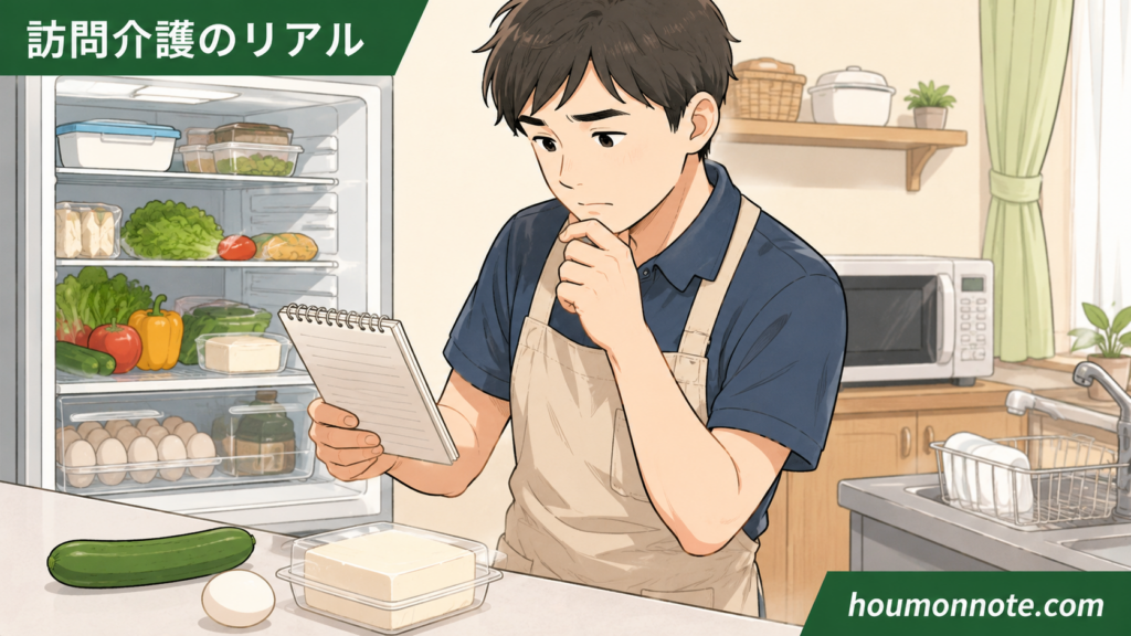 冷蔵庫の食材を見ながら限られた時間で献立を考える訪問介護の男性ヘルパーのイラスト