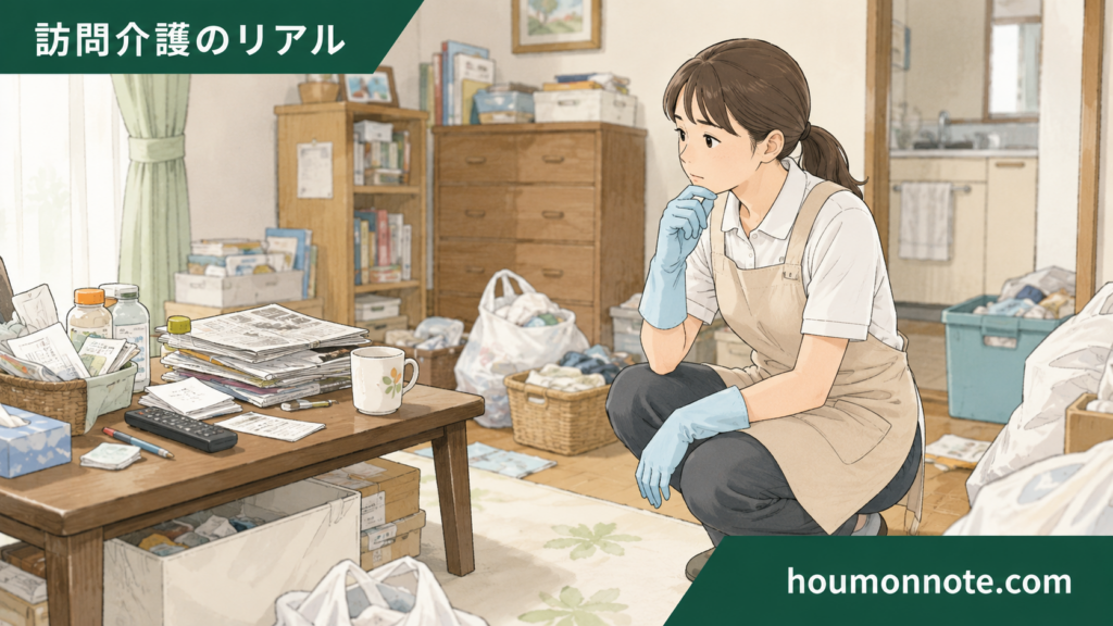物が多い居室を前にどこから掃除するか考える訪問介護ヘルパーのイラスト