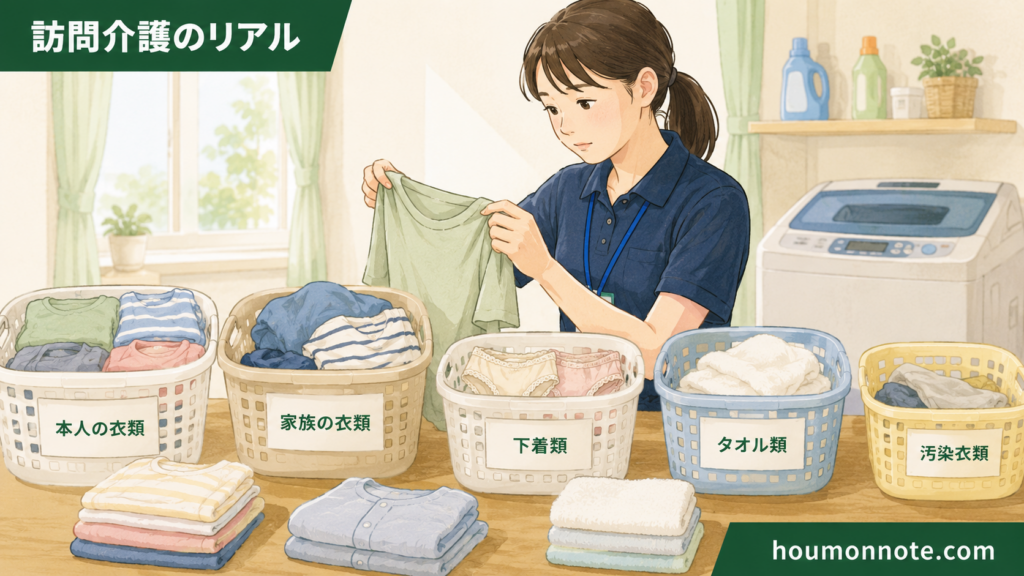 本人分や家族分など洗濯物を仕分けながら確認する訪問介護ヘルパーのイラスト