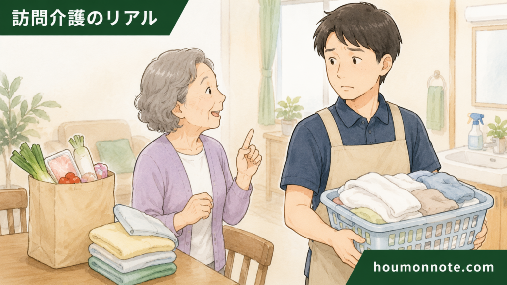 利用者から追加の頼みごとを受け、洗濯かごを持ちながら対応に迷う男性ヘルパーのイラスト