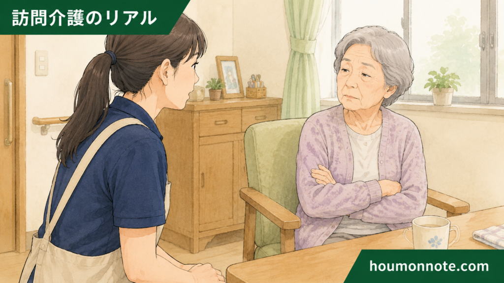 訪問先で利用者さんのそっけない態度を感じ取り、戸惑いながら向き合う女性ヘルパーのイラスト