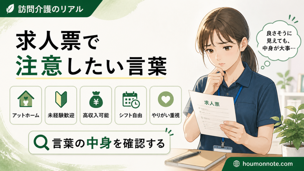 訪問介護の求人票でアットホーム、未経験歓迎、高収入可能、シフト自由、やりがい重視など注意したい言葉を確認するイラスト