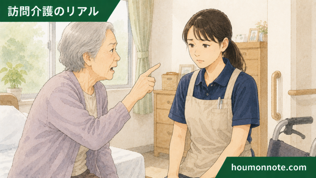利用者さんから強い口調で指摘を受け、戸惑いながら話を聞く女性ヘルパーのイラスト