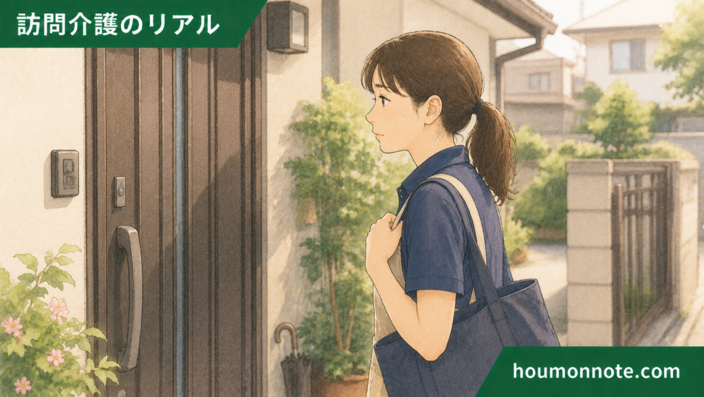 利用者宅の玄関前で緊張しながら訪問に入ろうとする女性ヘルパーのイラスト