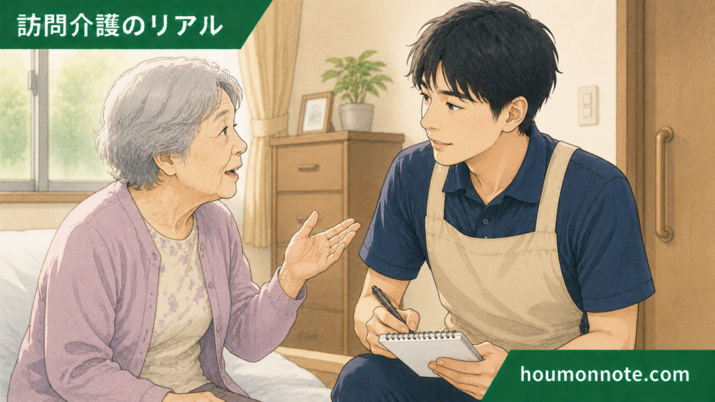 利用者さんの話を丁寧に聞きながら、良いヘルパーでいようと気を遣う男性ヘルパーのイラスト