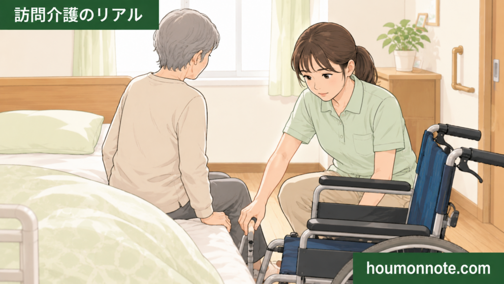 ベッドから車椅子への移乗介助を前に、車椅子の位置を丁寧に確認する女性ヘルパーのイラスト