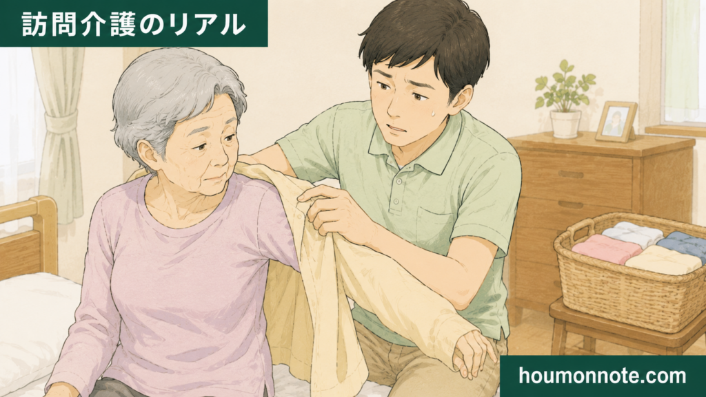 高齢利用者の袖を通す更衣介助で、うまく進まず慎重に対応する男性ヘルパーのイラスト