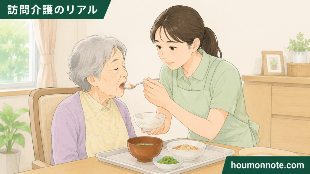 高齢利用者に食事介助を行い、一口ごとの飲み込みを丁寧に見守る女性ヘルパーのイラスト