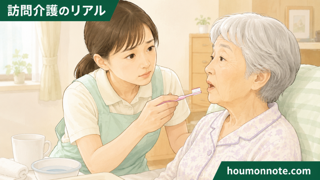 口腔ケアに入る前に、高齢利用者の表情を見ながら歯ブラシを近づける女性ヘルパーのイラスト