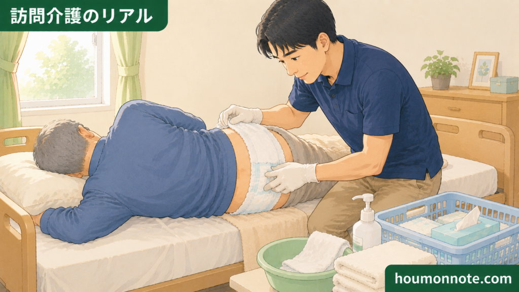 横向きになった高齢男性利用者へ、汚れを広げないよう慎重におむつ交換を行う男性ヘルパーのイラスト