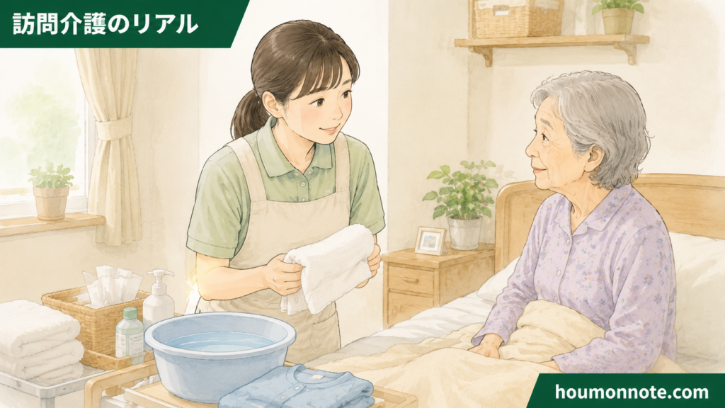 高齢女性利用者に声をかけながら、清拭用のタオルや洗面器を準備する女性ヘルパーのイラスト