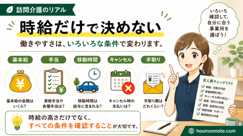 訪問介護の求人で時給だけでなく基本給、手当、移動時間、キャンセル、手取りを確認するイラスト
