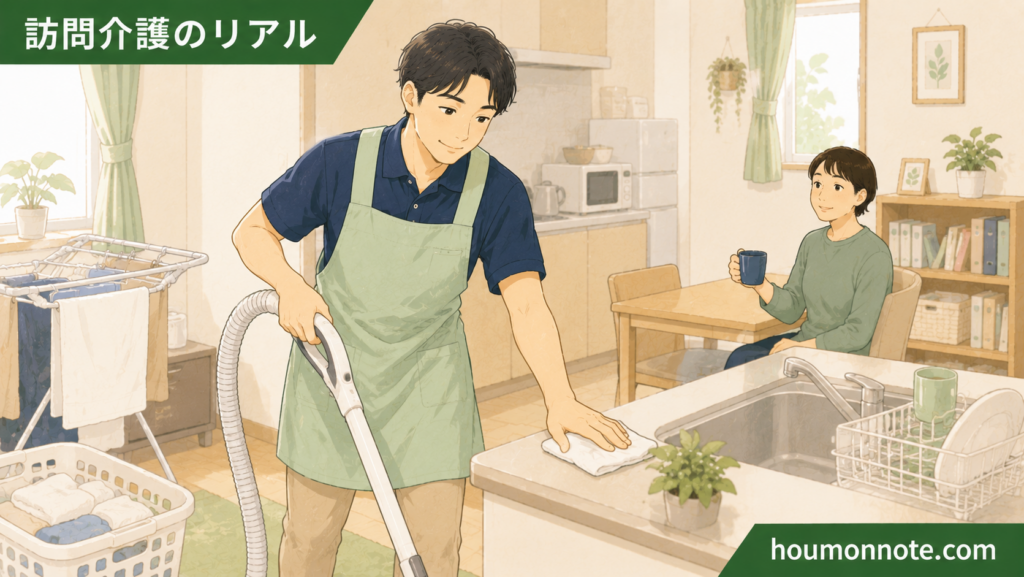 障害福祉の居宅介護で、利用者さんの生活リズムに合わせながら掃除や家事支援を行う男性ヘルパーのイラスト