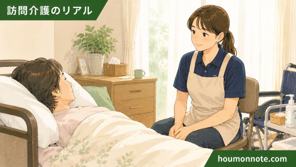 重度訪問介護で、ベッド上の利用者さんのそばに座り、生活の流れに寄り添いながら見守る女性ヘルパーのイラスト