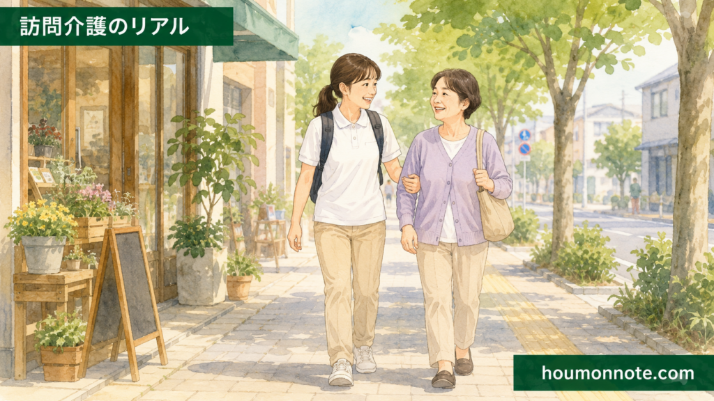 移動支援で、利用者さんとヘルパーが街中を歩きながら外出を楽しんでいるイラスト