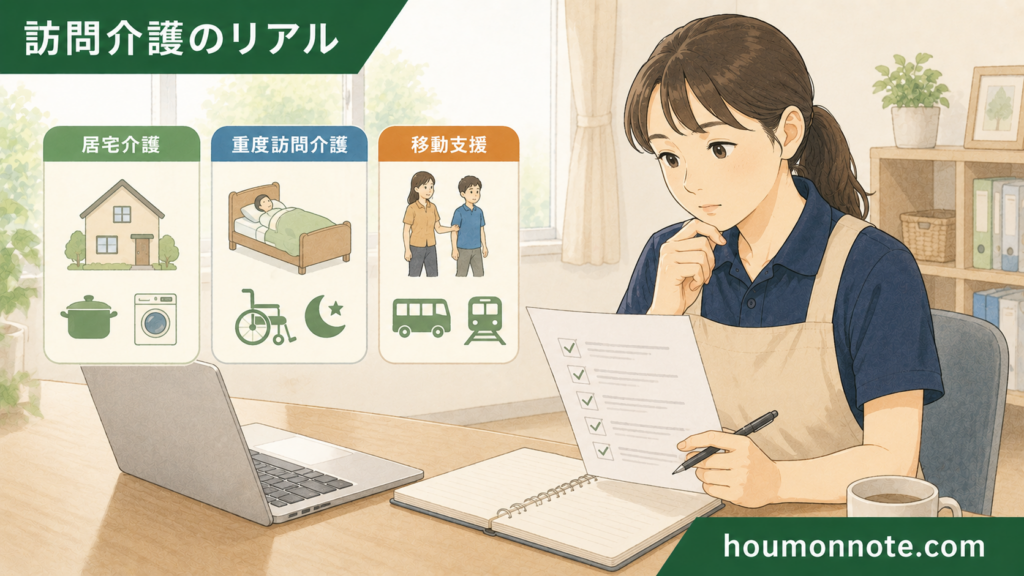 障害福祉の求人で、居宅介護・重度訪問介護・移動支援の違いを確認しながらチェックリストを見る女性ヘルパーのイラスト