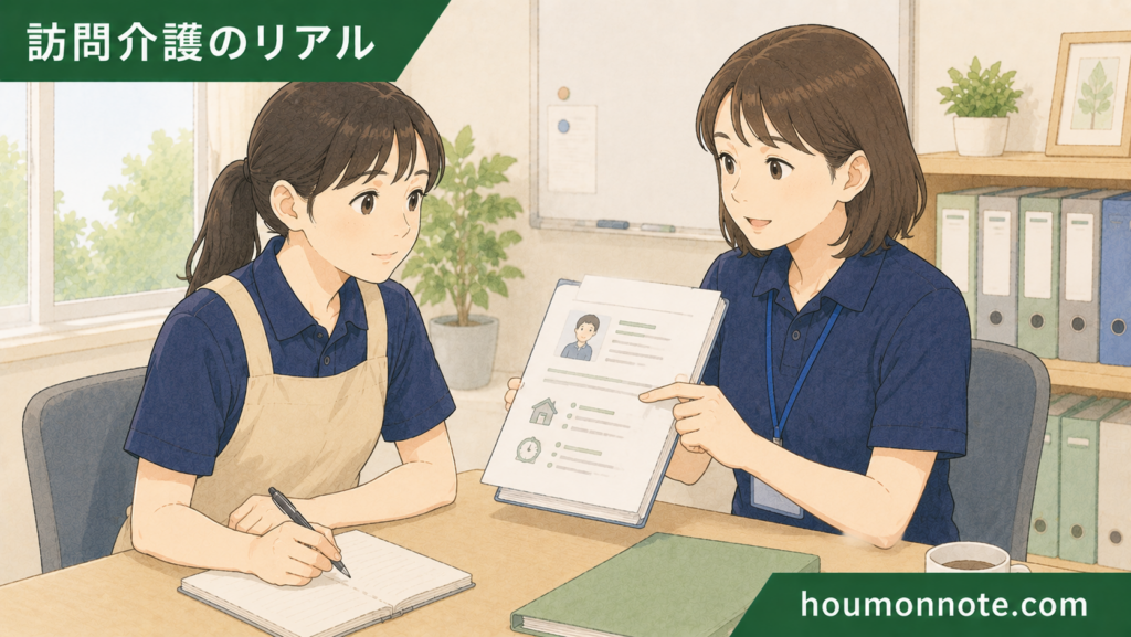 障害福祉の事業所で、新人ヘルパーが先輩職員から利用者ごとの支援手順や障害特性の説明を受けているイラスト