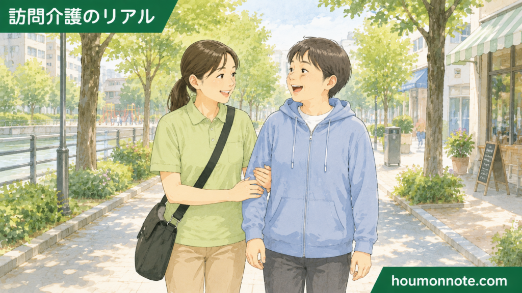 移動支援でヘルパーが利用者と一緒に公園や街中を歩き、外出を楽しんでいるイラスト