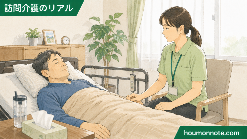 重度訪問介護でヘルパーが室内で利用者を静かに見守り、必要な時に支えられる距離で関わっているイラスト