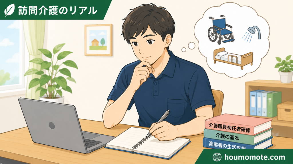 未経験から訪問介護で働くために初任者研修や介護の基本を学ぶ男性ヘルパーのイラスト