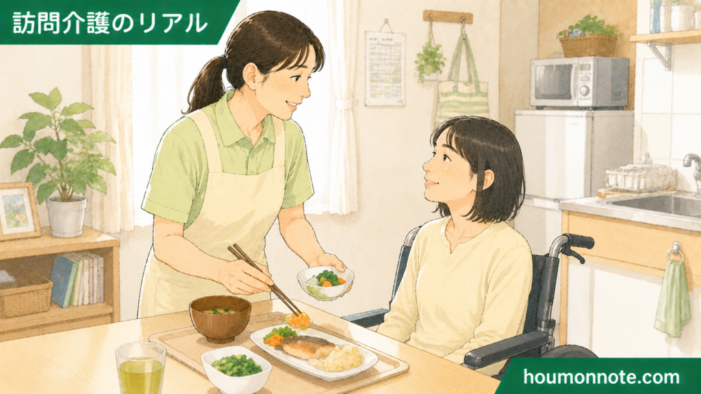 障害福祉の居宅介護で、ヘルパーが利用者の生活リズムに合わせて食事や調理支援をしているイラスト