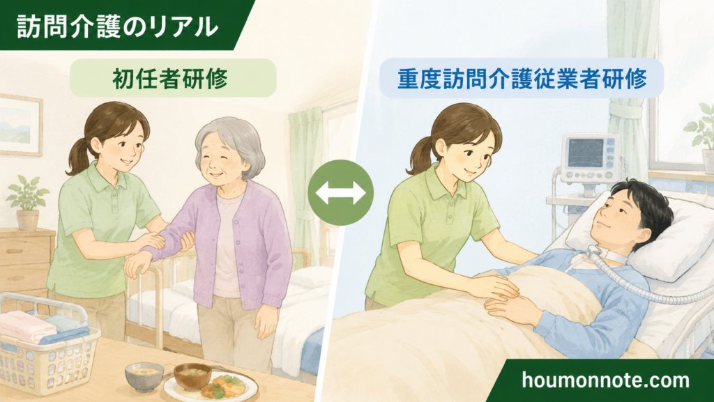 初任者研修と重度訪問介護従業者研修の違いを在宅支援の場面で比較したイラスト