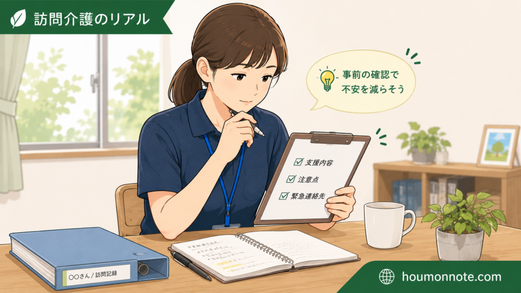 一人訪問前に利用者情報や支援内容、注意点を確認する女性ヘルパーのイラスト