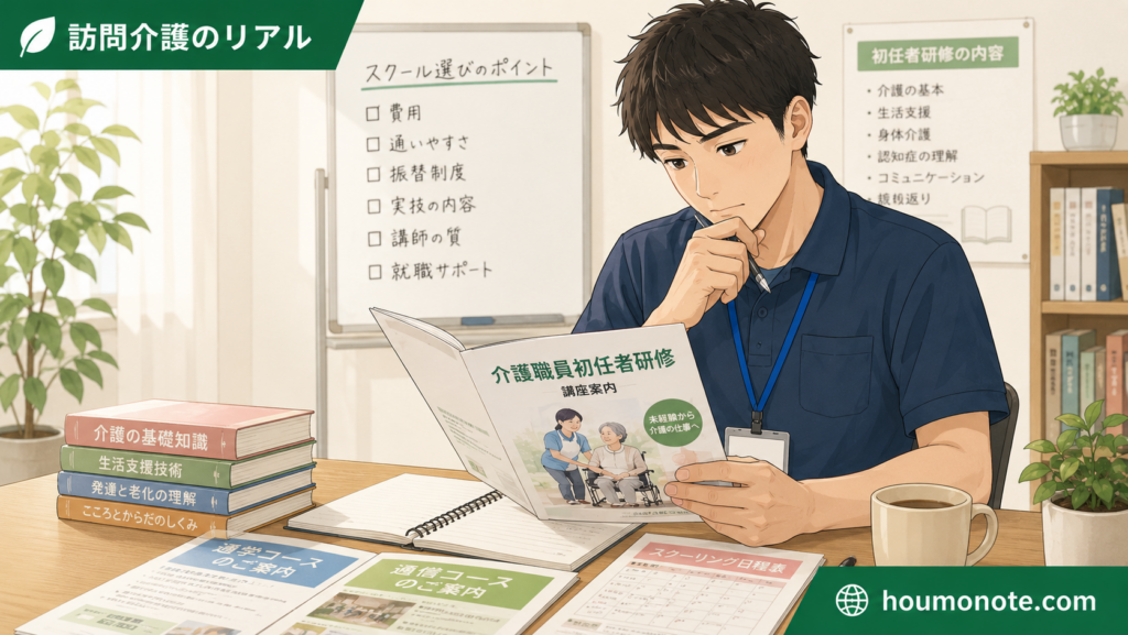初任者研修の資料を見ながら、費用や通いやすさなどスクール選びのポイントを確認する男性介護職のイラスト