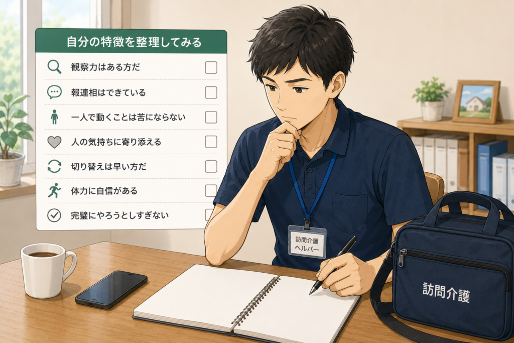 訪問介護に向いているか不安な男性ヘルパーが、自分の特徴をチェックしているイラスト