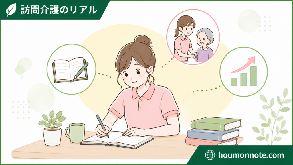 実務者研修について学びながら、介護の専門知識やキャリアアップを考える女性介護職のイラスト