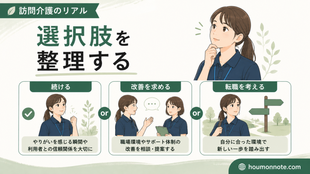 訪問介護を続けるか改善を求めるか転職を考えるかを整理するイラスト