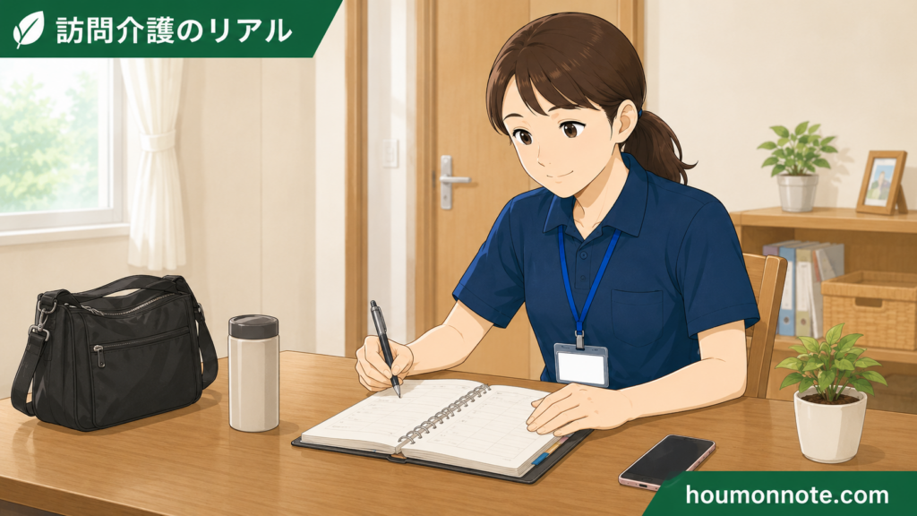 ベテランヘルパーが訪問先ごとの流れを落ち着いて把握しているイラスト