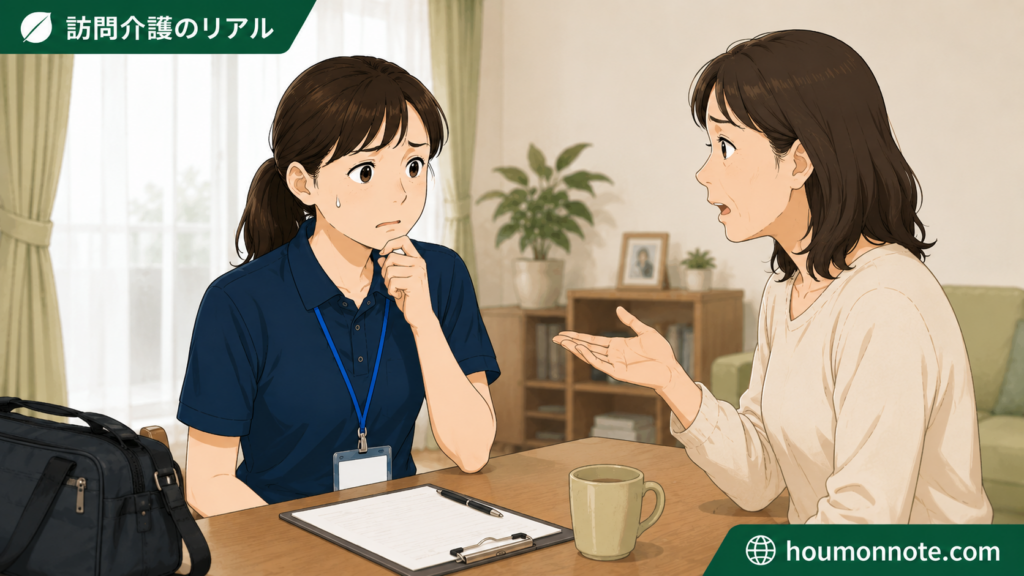 利用者家族から計画外の依頼を受け、対応に迷っている訪問介護ヘルパーのイラスト