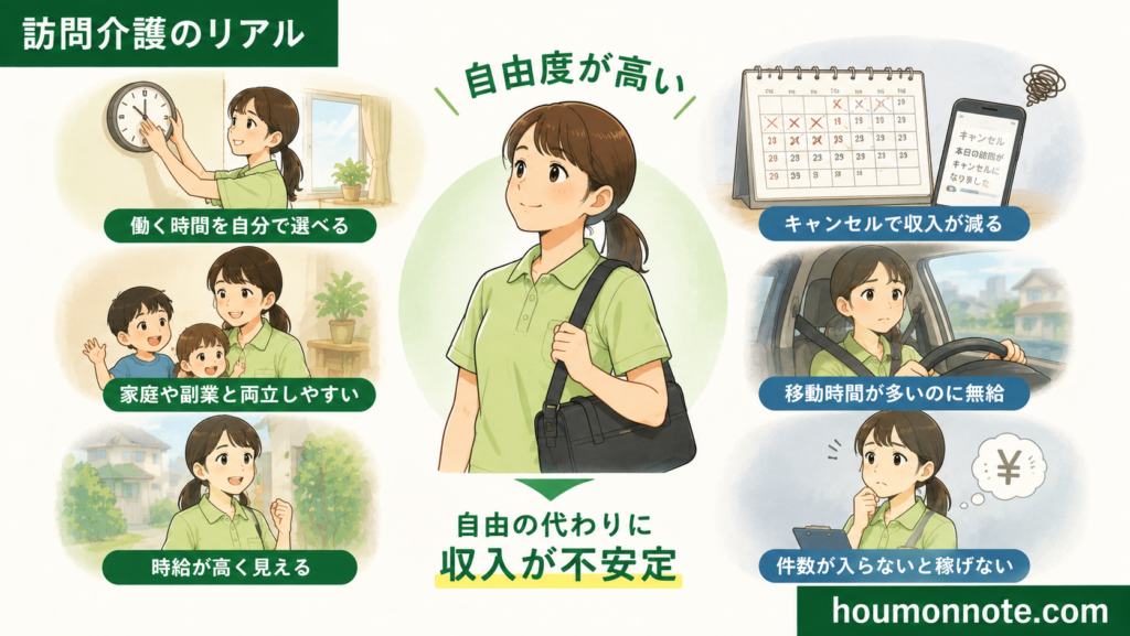 登録ヘルパーの自由度の高さと収入の不安定さを表したイラスト