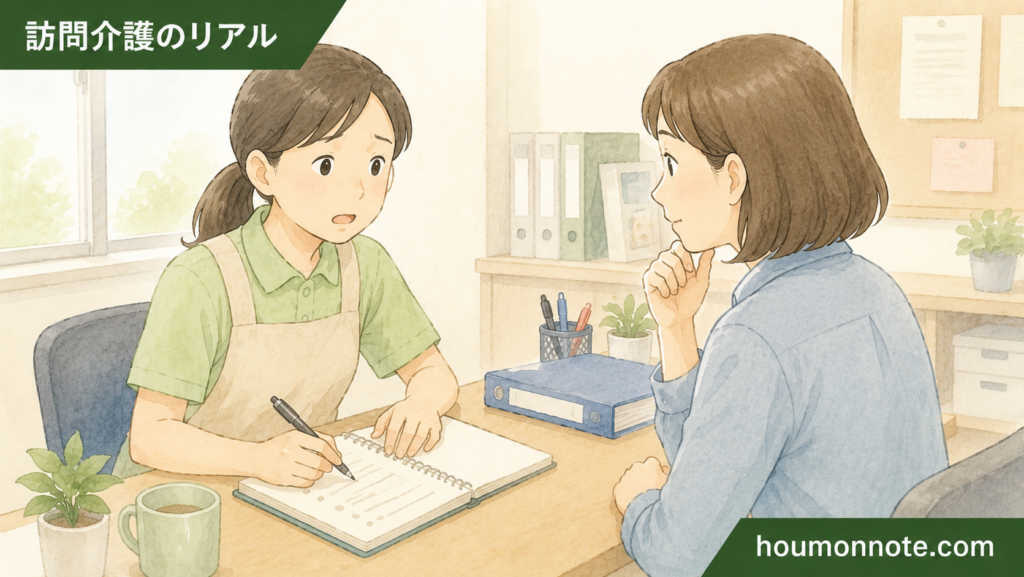 クレーム内容を整理しながら事業所へ相談する訪問介護ヘルパーのイラスト